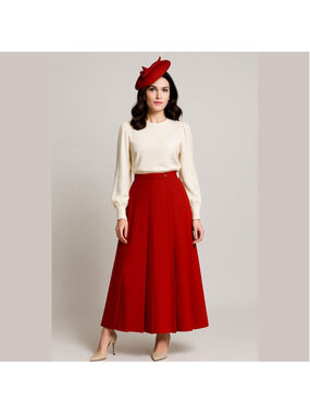 Women's Paola Rossini Red Pure New Wool Pleasted Midi Skirt Made in Italy 10